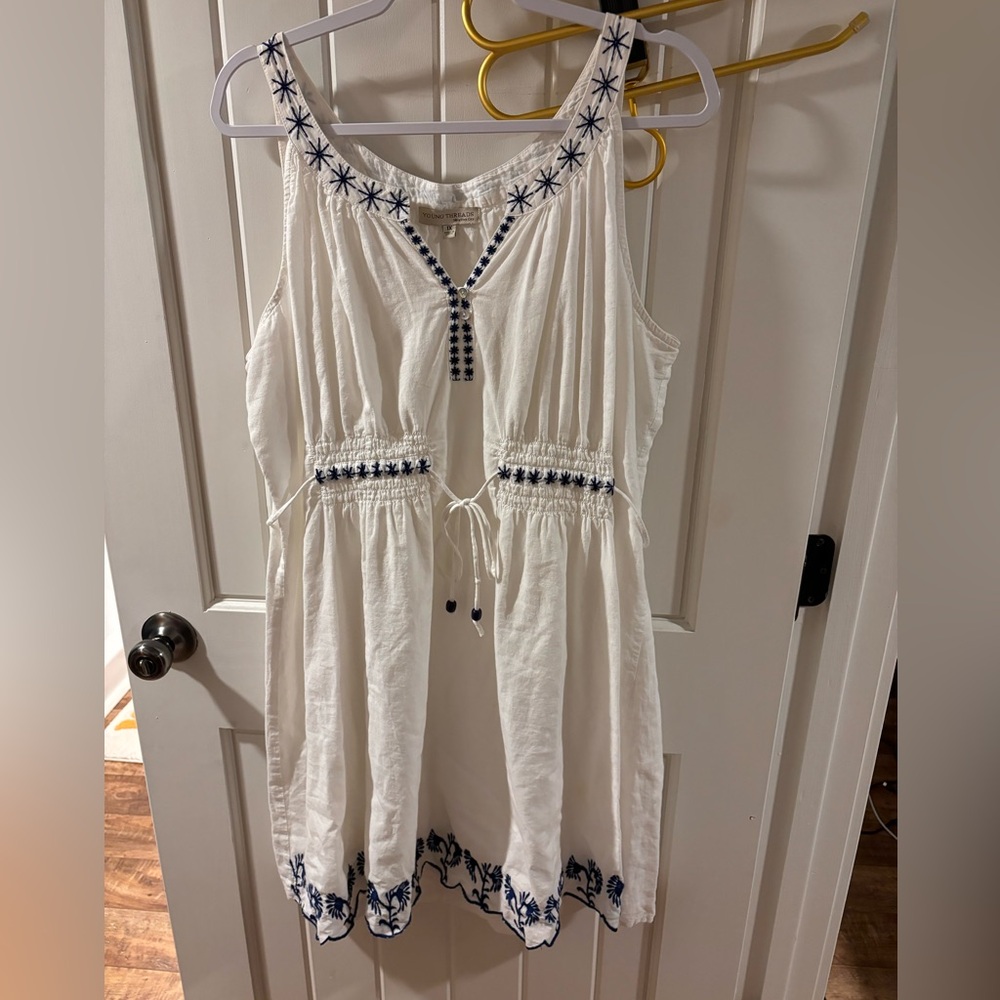 White Embroidered Sleeveless Cotton Dress with Navy Accents
